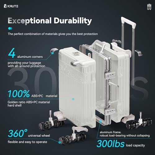 Krute Carry On Luggage with Aluminum Frame Zipperless Luggage with 8 Wheels 20inch Hard Shell Suitcase with PC+ABS TSA Lock 4 Metal Corner White - Image 3