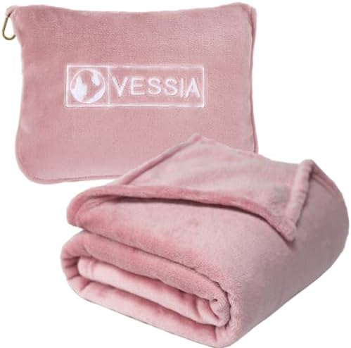 Vessia Travel Blanket for Airplane, Train and Car, Warm and Soft Travel Blanket in Bag for Adults and Kids, Portable Compact Long Flight Blanket with Luggage Sleeve, Backpack Clip(Pink)