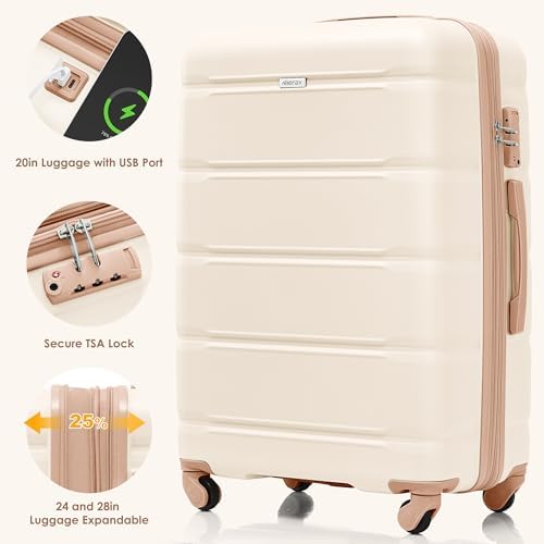 Merax 3 Pcs ABS Hardside Luggage Sets Expandable Spinner Wheel Suitcases Cup Holder, Pearly White, 20/24/28 Inch - Image 4