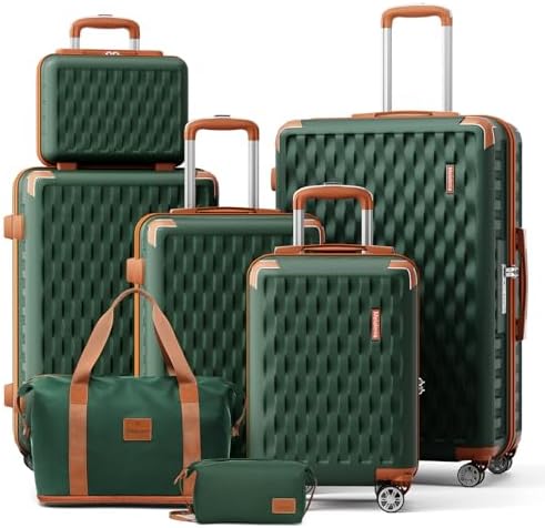 Melalenia Luggage Sets 7 Piece Suitcase Set, Hard Shell Carry on Luggage Travel Suitcases with Spinner Wheels and TSA Lock, Lightweight Luggage Set for Women, Green Brown