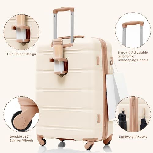 Merax 3 Pcs ABS Hardside Luggage Sets Expandable Spinner Wheel Suitcases Cup Holder, Pearly White, 20/24/28 Inch - Image 3