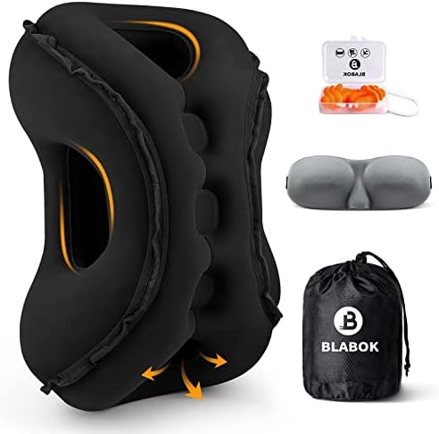 Inflatable Travel Pillow,Multifunction Travel Neck Pillow for Airplane to Avoid Neck and Shoulder Pain,Support Head,Neck,Used for Sleeping Rest, Airplane and Home Use,with Eye Mask, Earplugs, Black