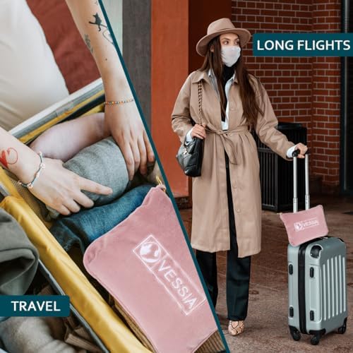 Vessia Travel Blanket for Airplane, Train and Car, Warm and Soft Travel Blanket in Bag for Adults and Kids, Portable Compact Long Flight Blanket with Luggage Sleeve, Backpack Clip(Pink) - Image 2