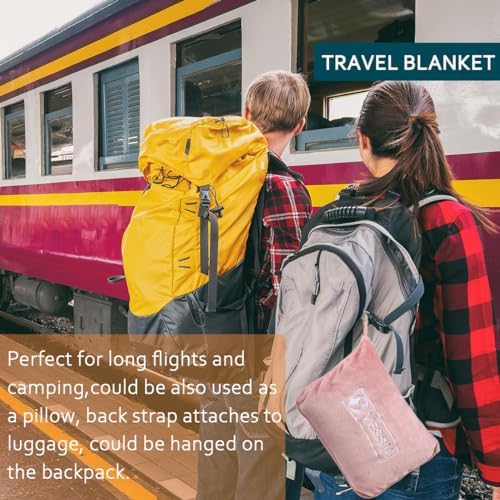 Vessia Travel Blanket for Airplane, Train and Car, Warm and Soft Travel Blanket in Bag for Adults and Kids, Portable Compact Long Flight Blanket with Luggage Sleeve, Backpack Clip(Pink) - Image 3