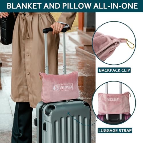 Vessia Travel Blanket for Airplane, Train and Car, Warm and Soft Travel Blanket in Bag for Adults and Kids, Portable Compact Long Flight Blanket with Luggage Sleeve, Backpack Clip(Pink) - Image 4