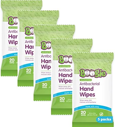 Antibacterial Hand Wipes by Boogie, Alcohol Free, Hypoallergenic and Moisturizing Aloe, Hand Wipes for Kids and Adults, 5 Packs of 20 (100 Total Wipes)