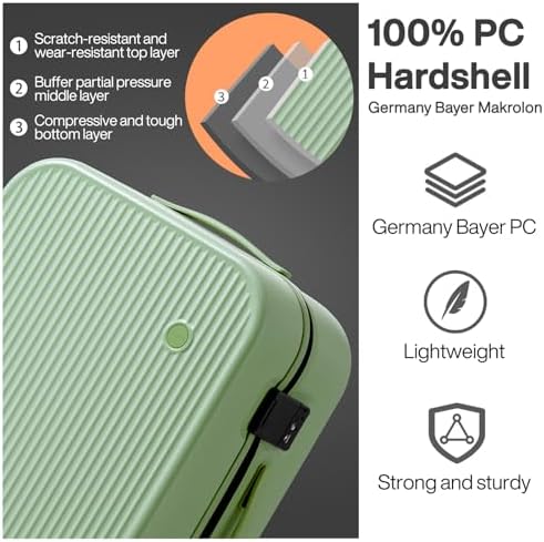 mixi Hardside PC Suitcase 24 Inch Checked Luggage Spinner Wheels TSA with Cover, Avocado Green - Image 2